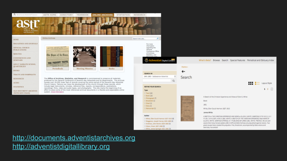 Screenshots of the Adventist Archives and the Adventist Digital Library sites.