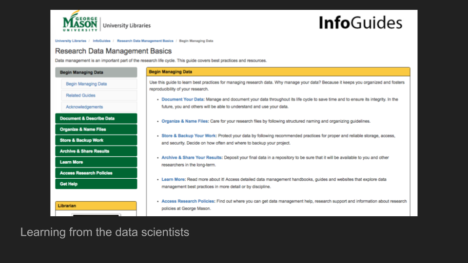 Screenshot of the Mason Libraries resources on Data Management.
