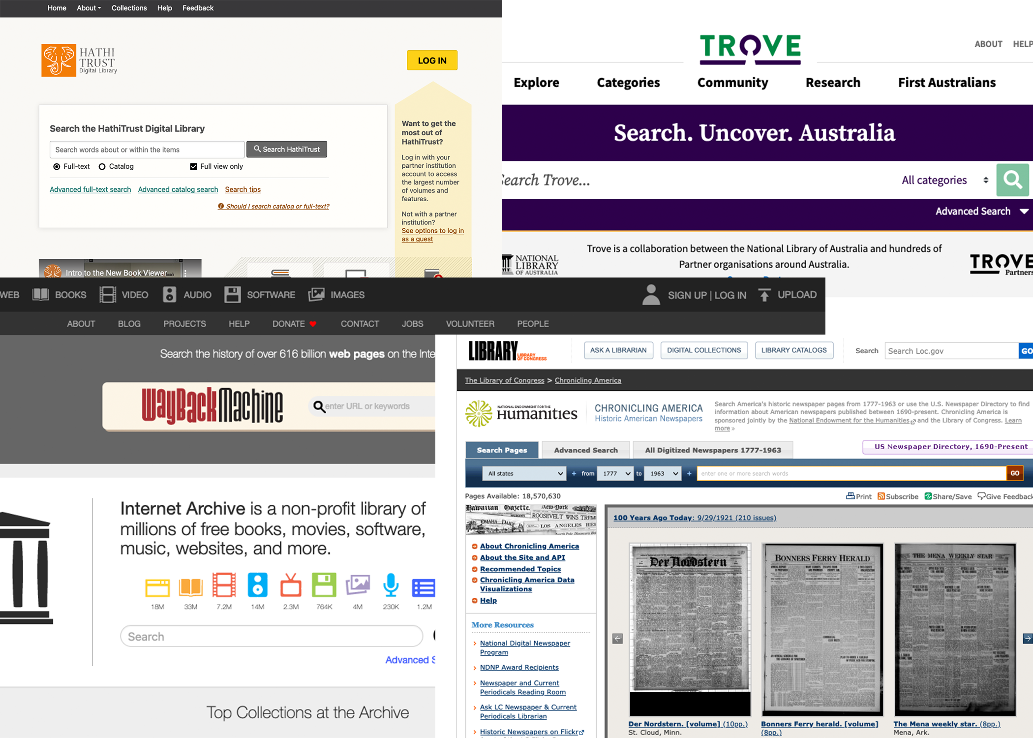 Collage of databases containing digital and digitized print materials.